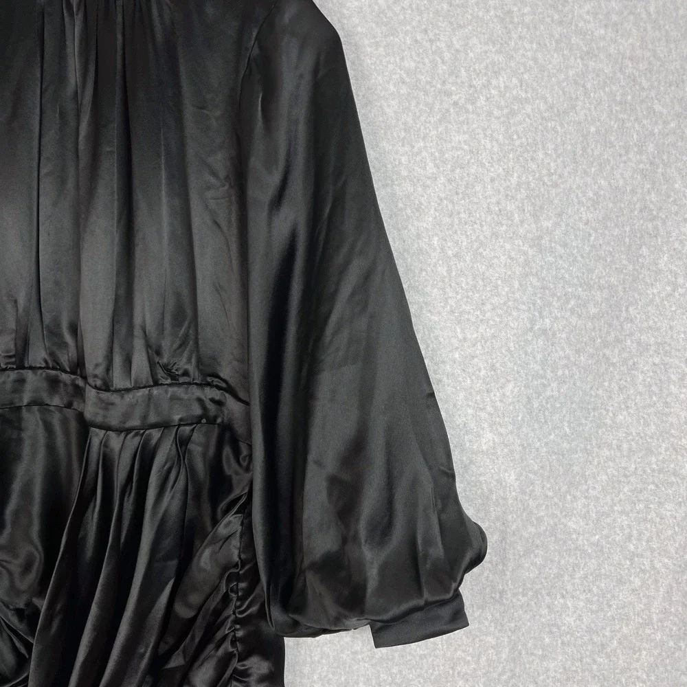 House of CB Black Khristen Balloon Long Sleeve Blouson Satin Mini Dress Sz Large